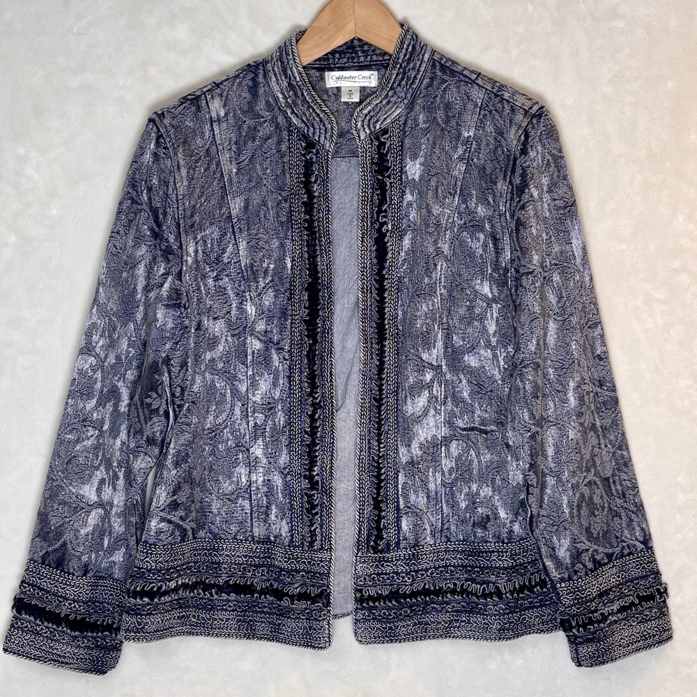 Coldwater Creek M Boho Tapestry Jacket Y2K Artisan Denim Blue Aztec Romantic